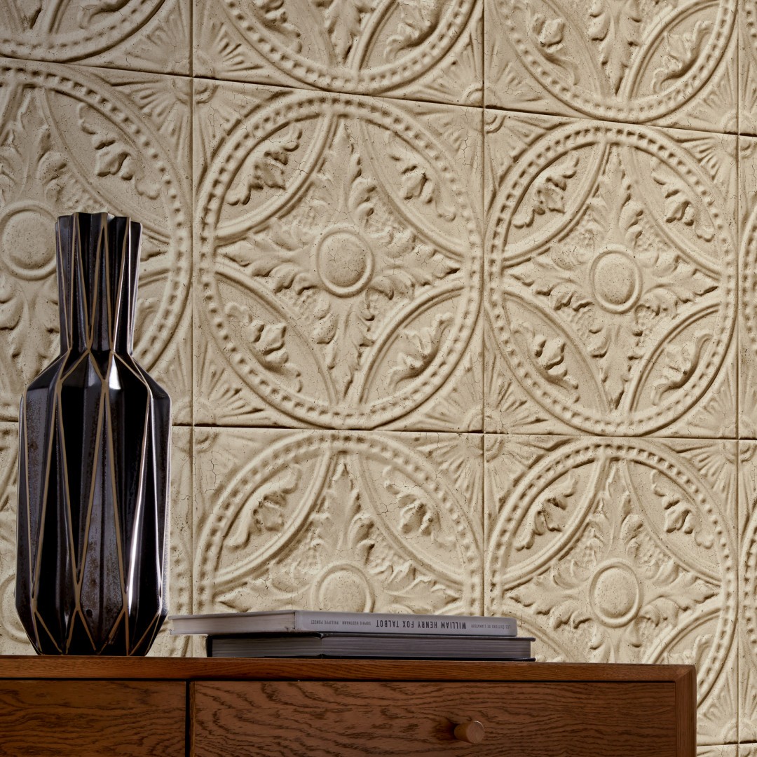 Beige tin tiles medallion wallpaper