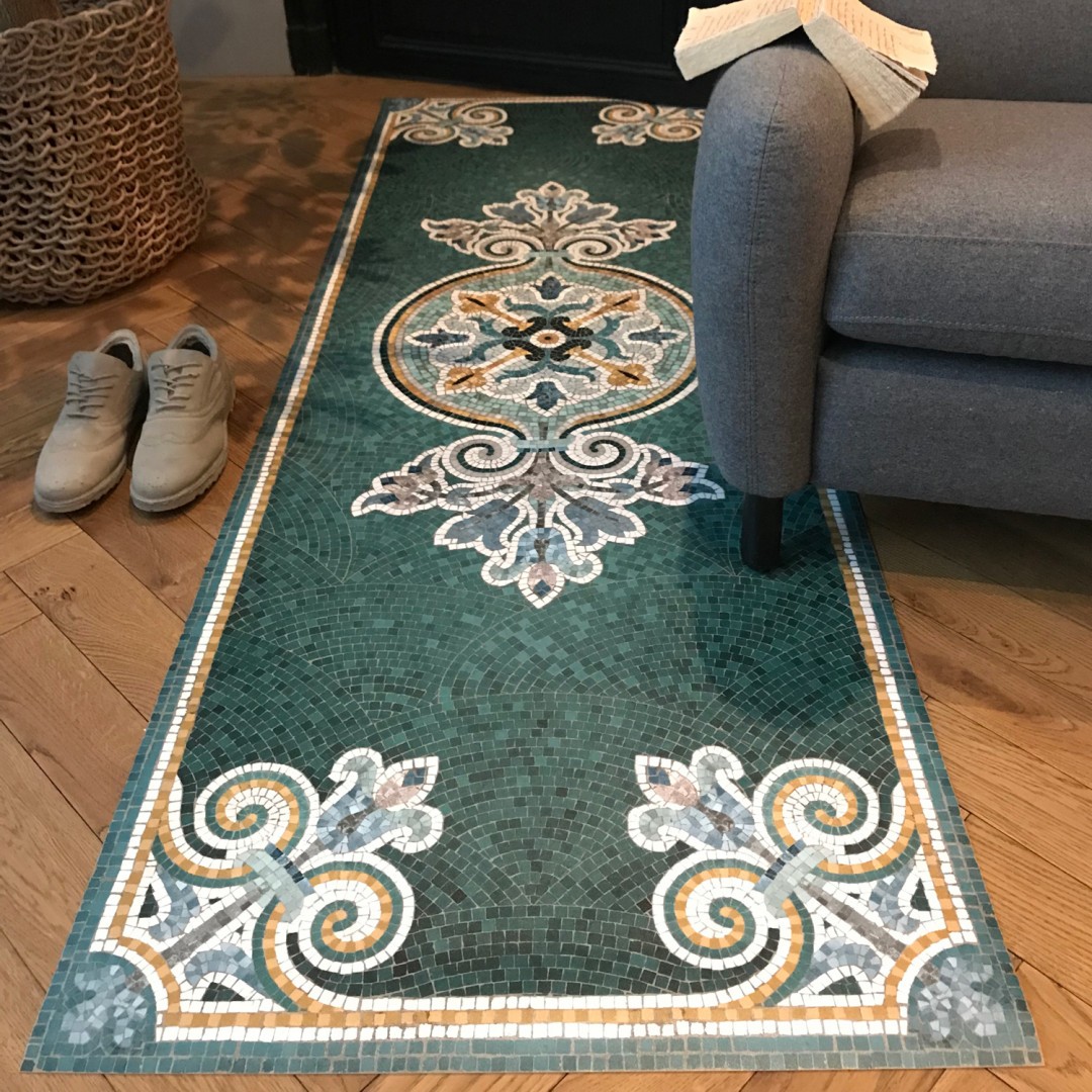 Blue vinyl mosaic rug Alma - runner size