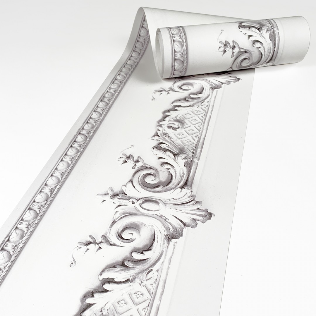 White Haussmannian wallpaper frieze with volutes