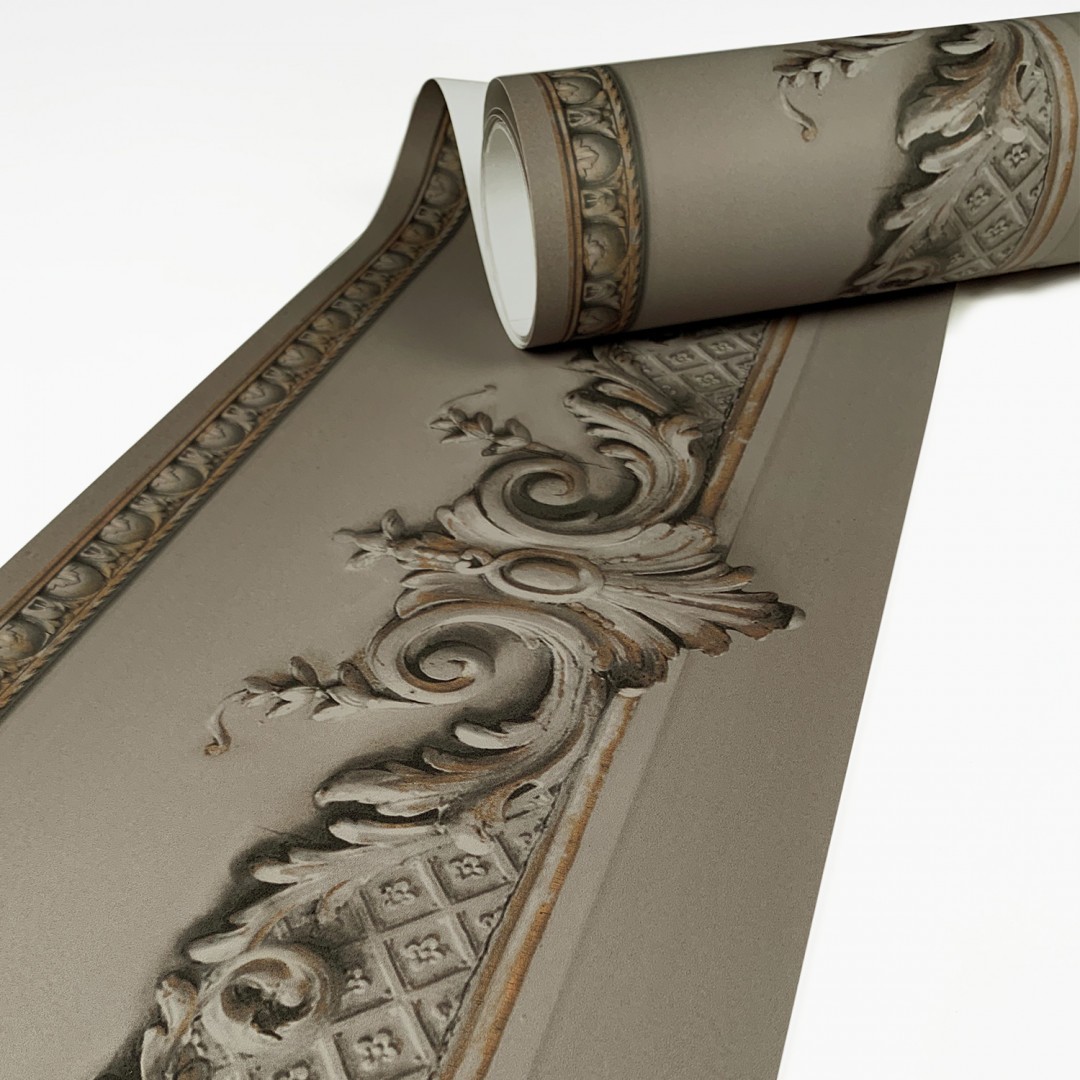 Grey Haussmannian wallpaper frieze with volutes