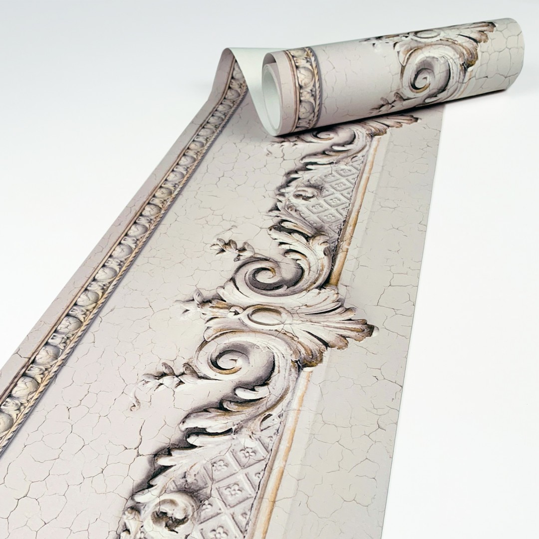 Haussmannian wallpaper frieze with cracked beige volutes