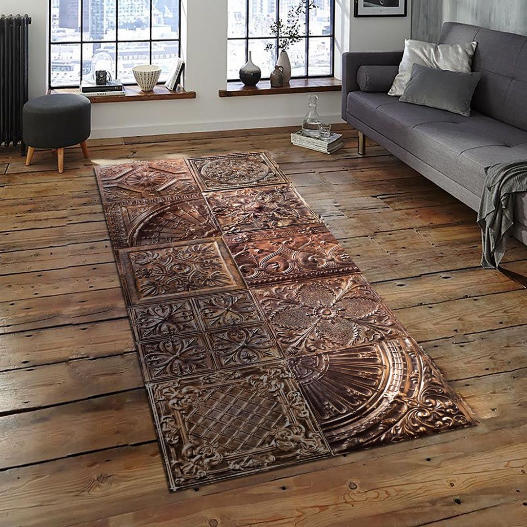 Copper spirit antic tin tiles vinyl rug Ella - Runner size