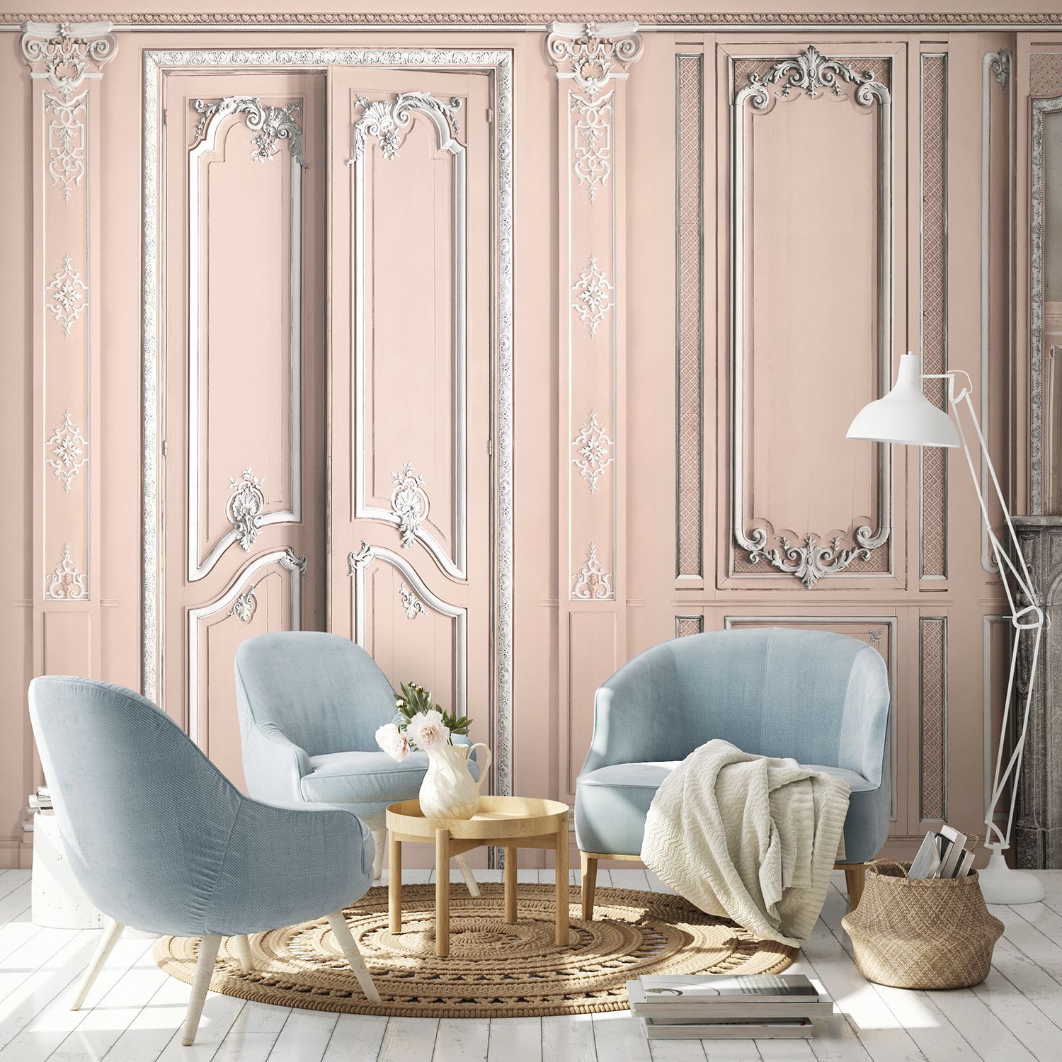 Light pink pastel fireplace with mirror and haussmannian panel 133cm
