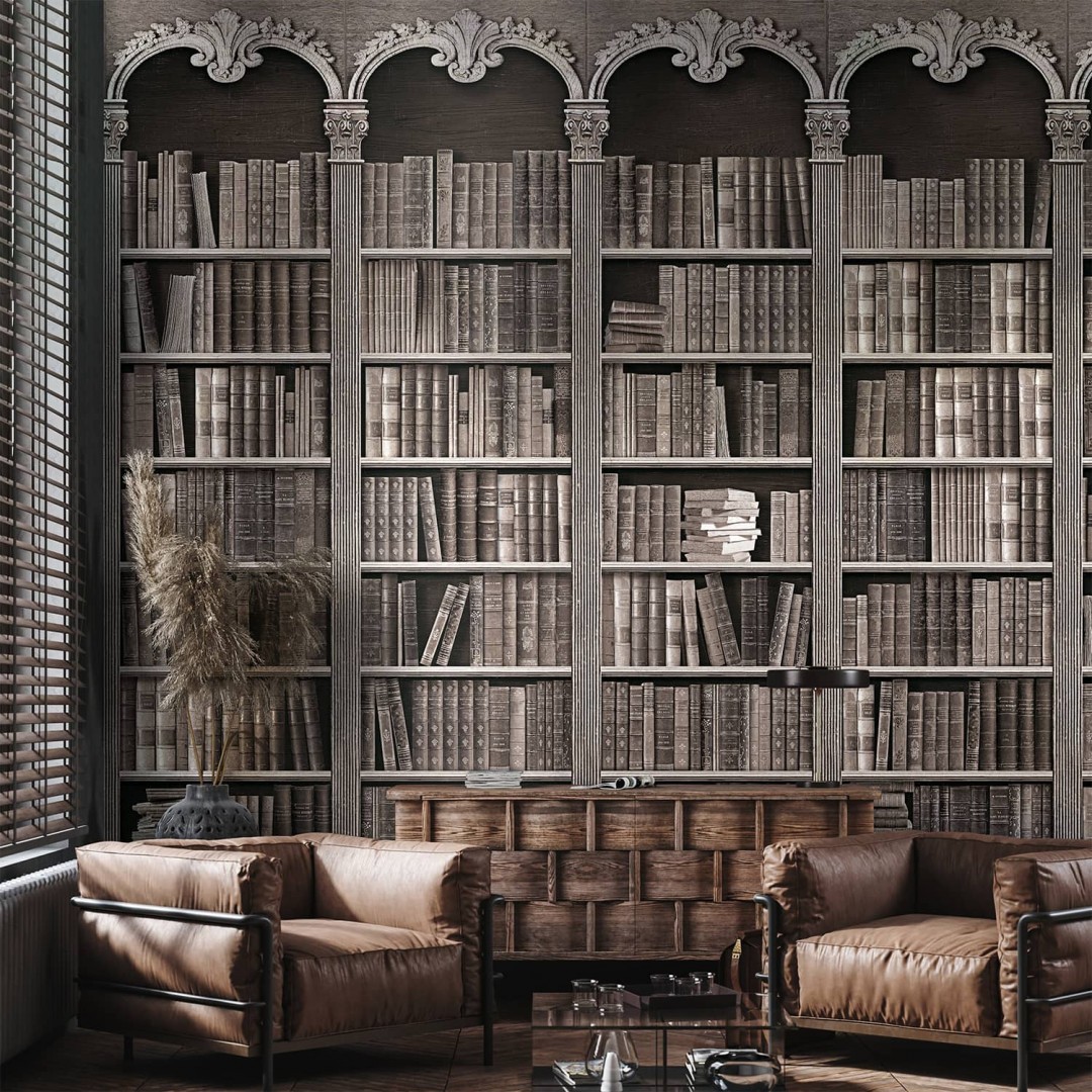 Museum bookshelves panoramic wall mural - analog version