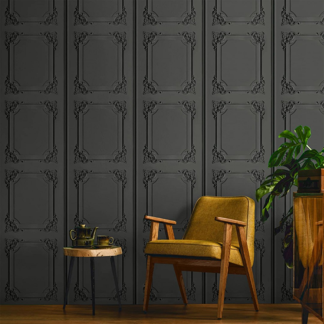 Charcoal grey Louis XV panelling wallpaper