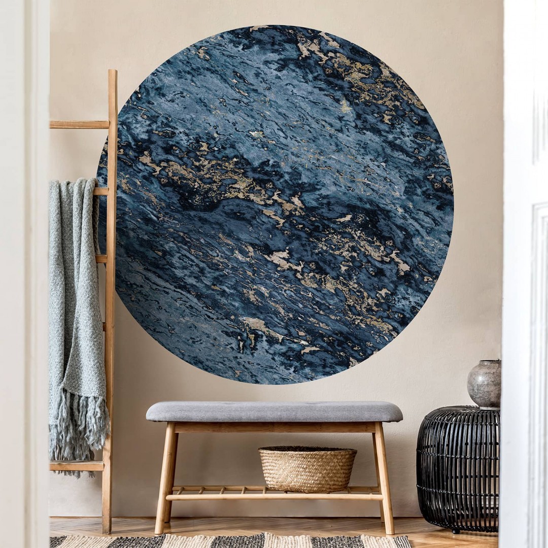 Navy Blue & Beige Sarrancolin marble round wallpaper - Ø 130 cm