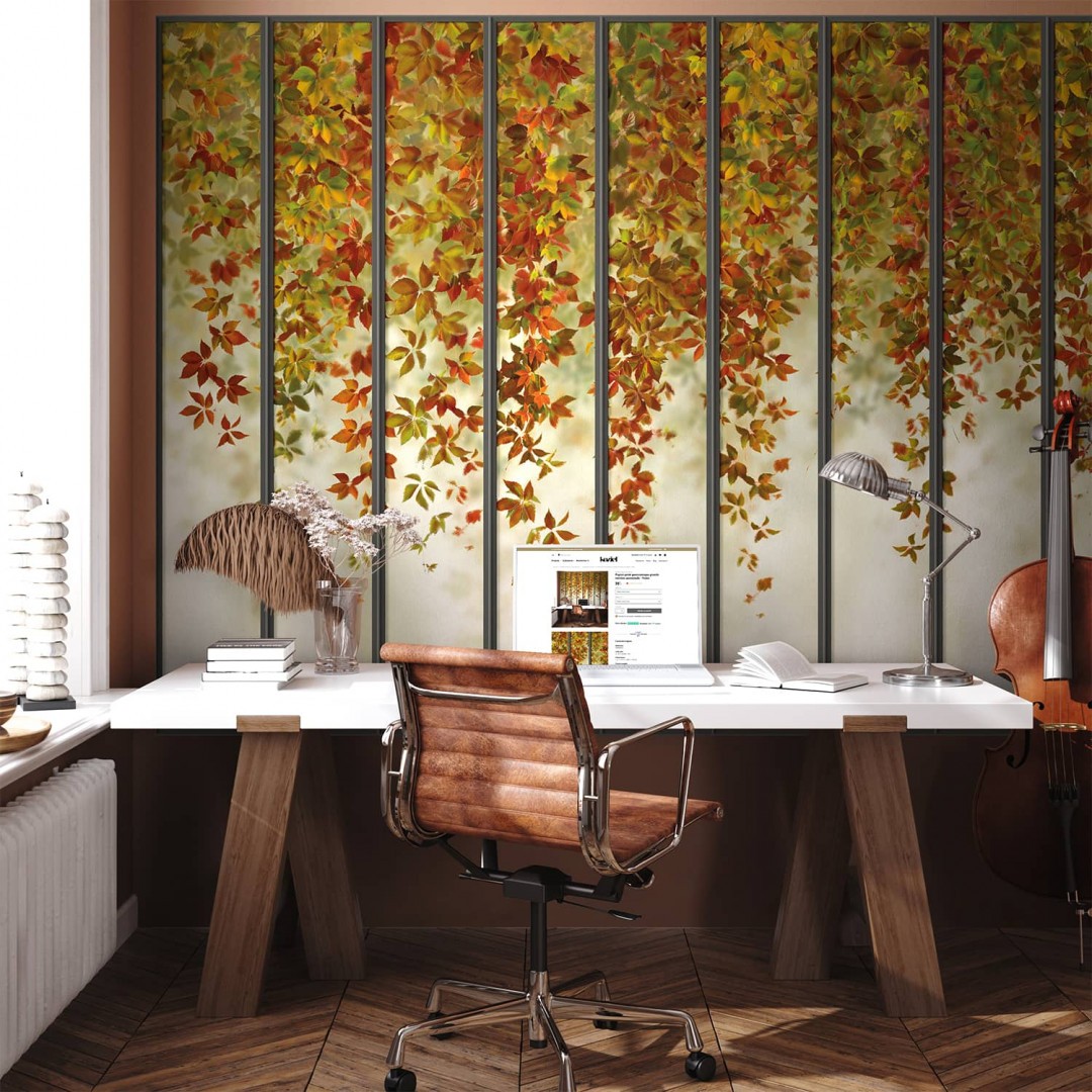 Autumnal wide loft windows panoramic wall mural - Black