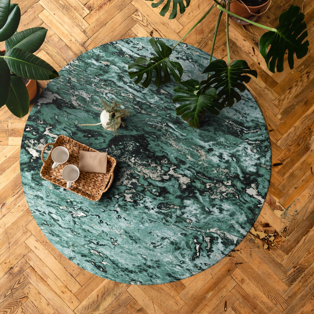 Emerald green Sarrancolin marble vinyl round rug - Ø 130 cm