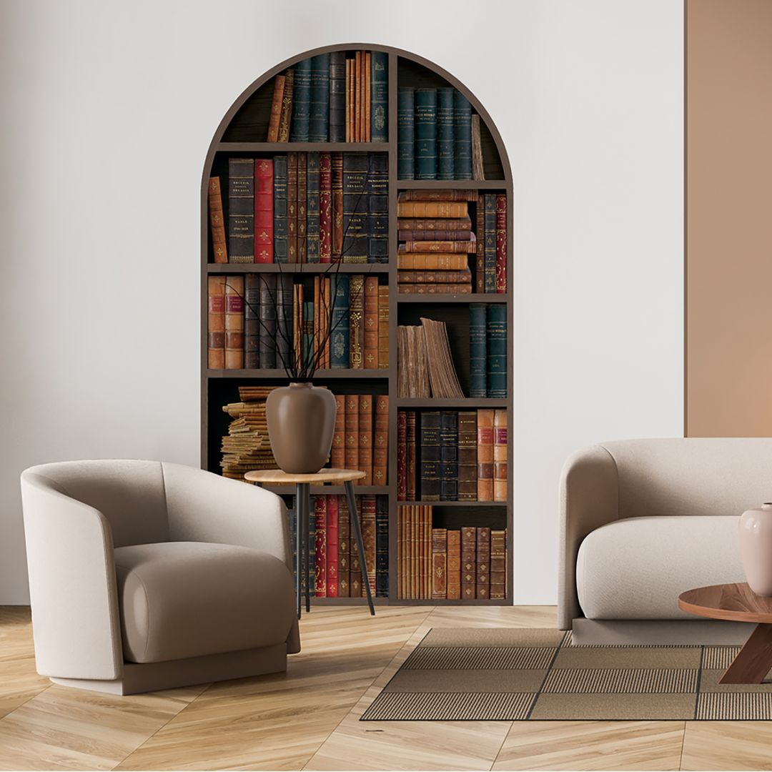 Old golden bookshelves arch wallpaper