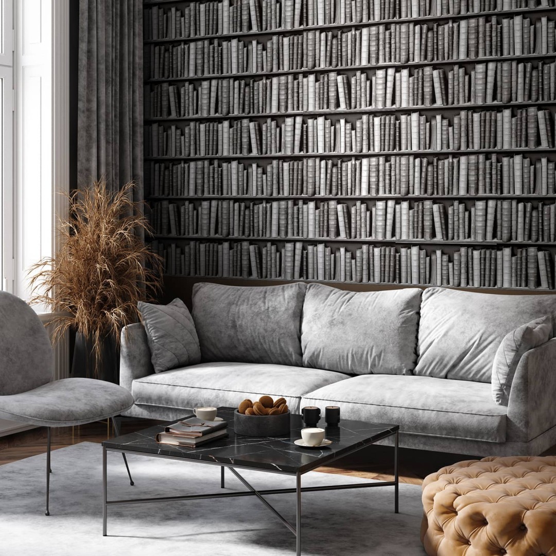 Black and white bookshelves wallpaper