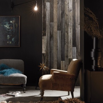 Wood plank and panelling effect wallpaper