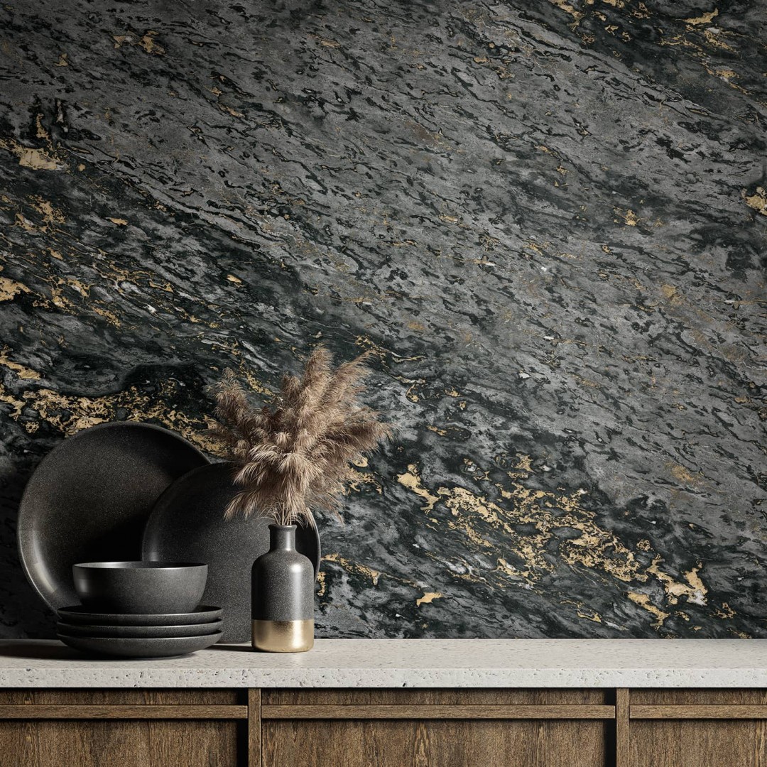 Black & Gold Sarrancolin marble panoramic wall mural