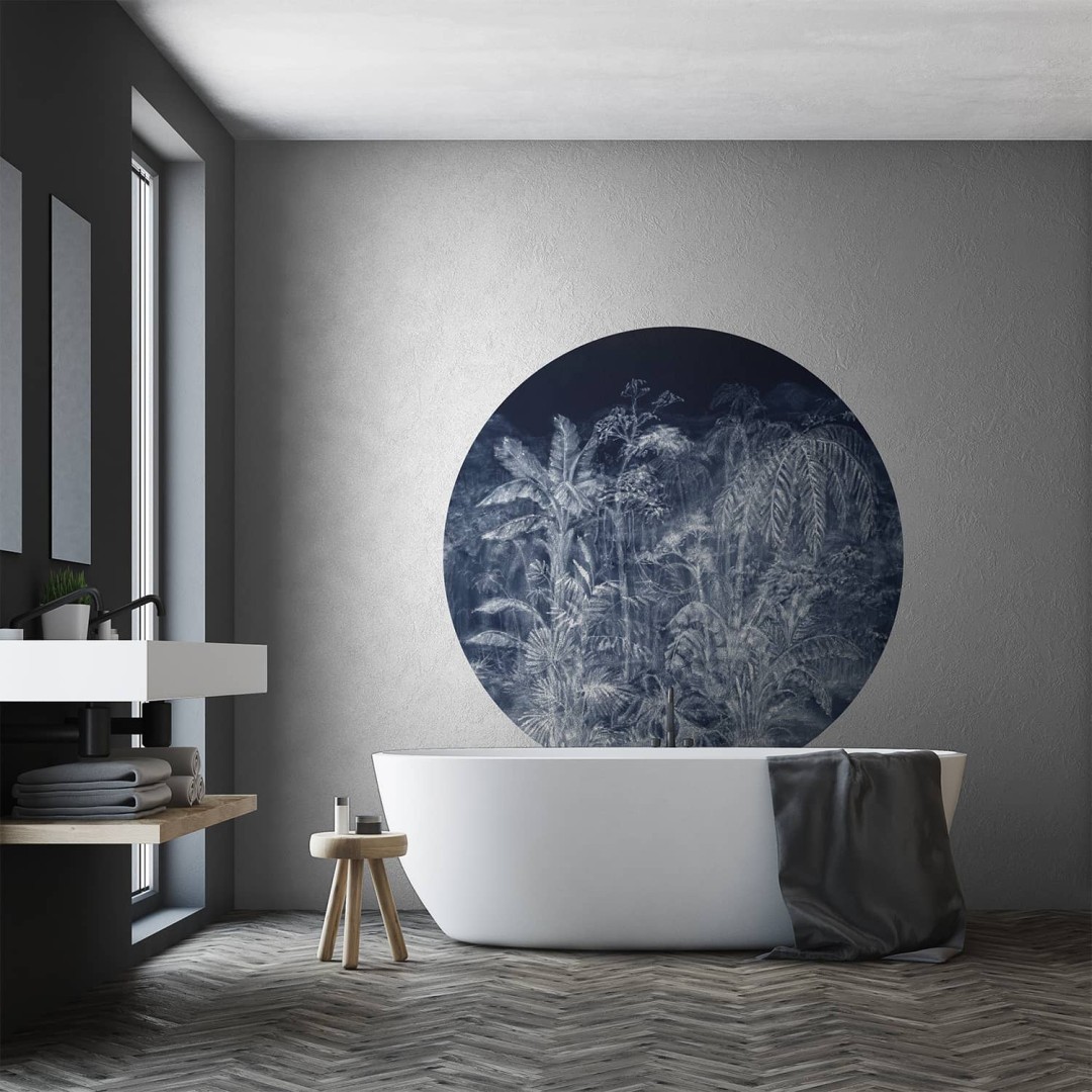 Papier peint rond jungle façon cyanotype - Ø 130 cm