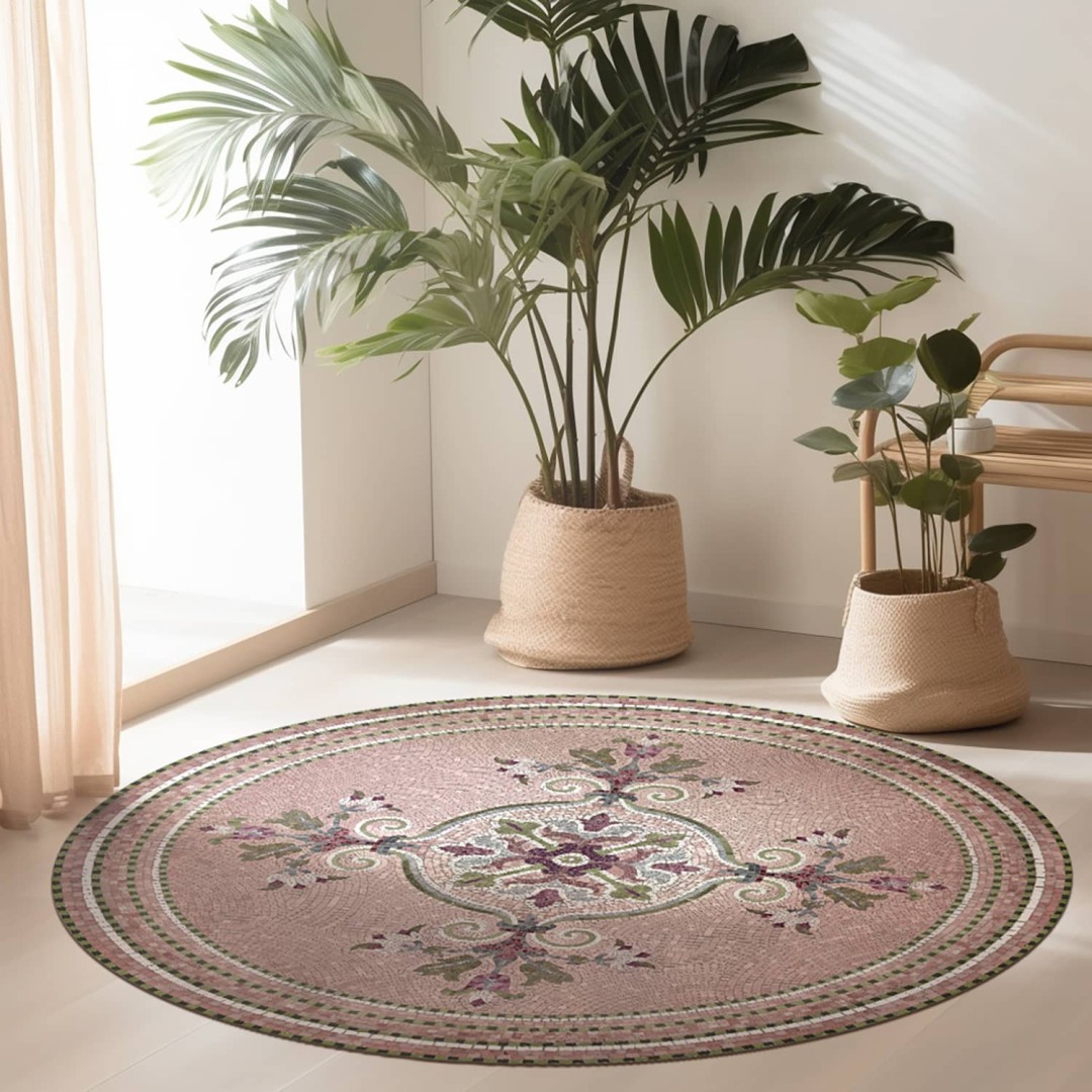 Flora pink vinyl round rug...