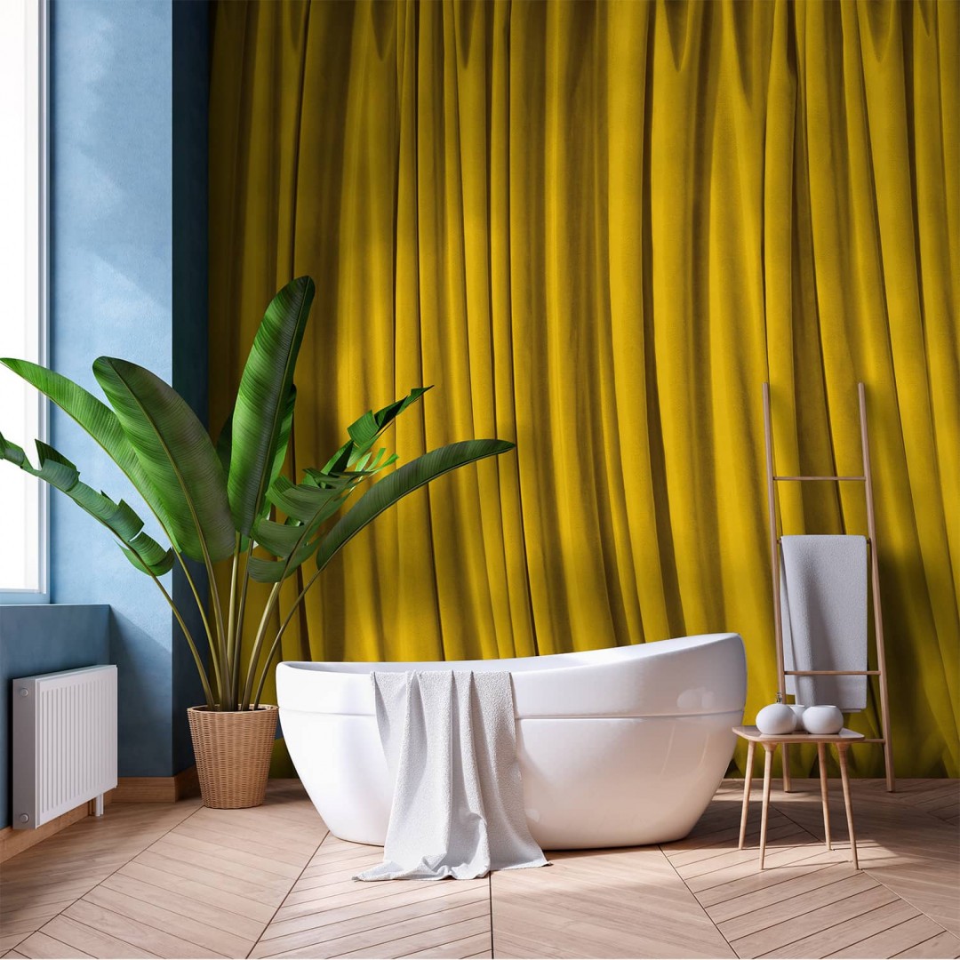 Mustard yellow curtain panoramic mural