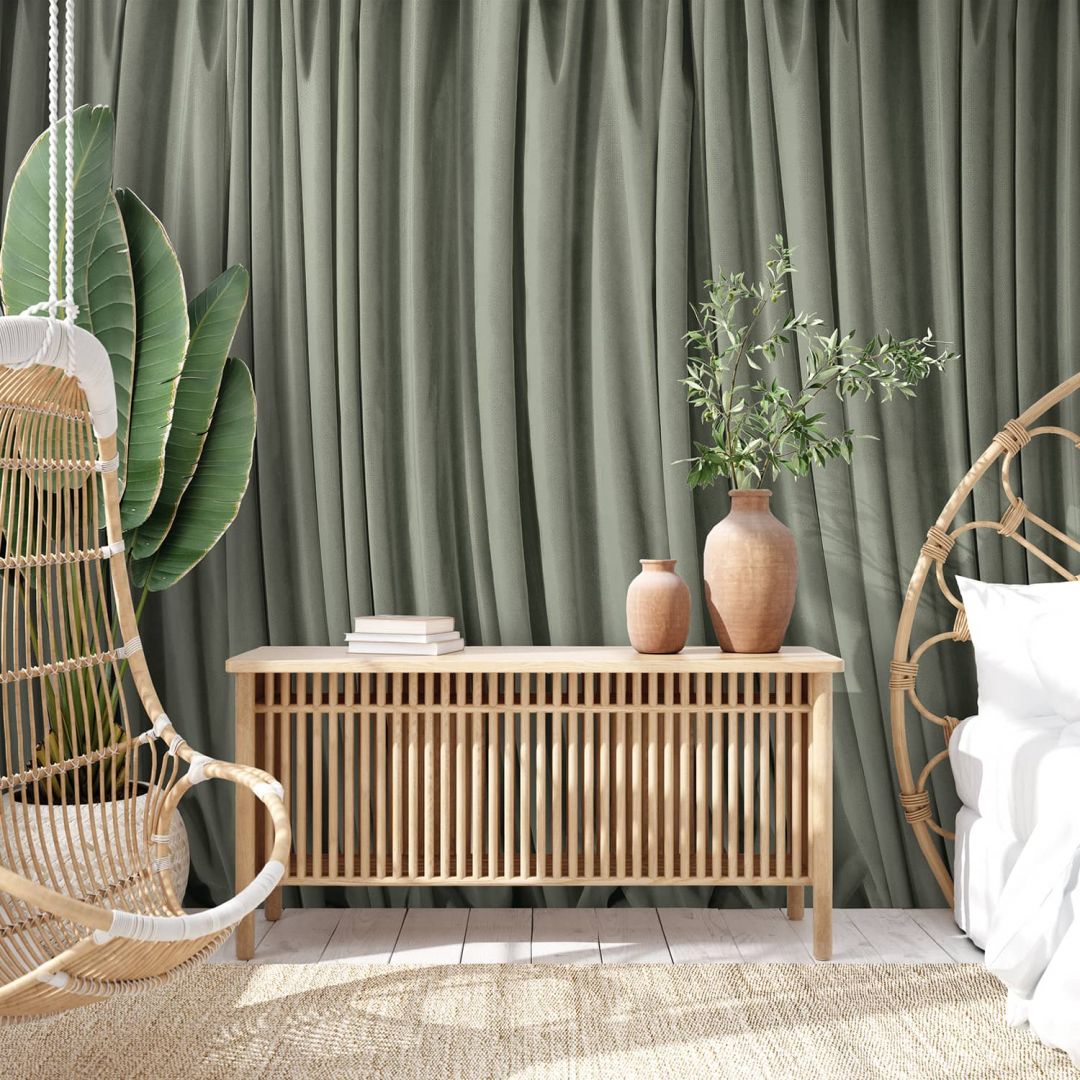 Sage-green curtain panoramic mural