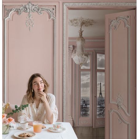 Papier peint boiseries Haussmann - Rose poudré