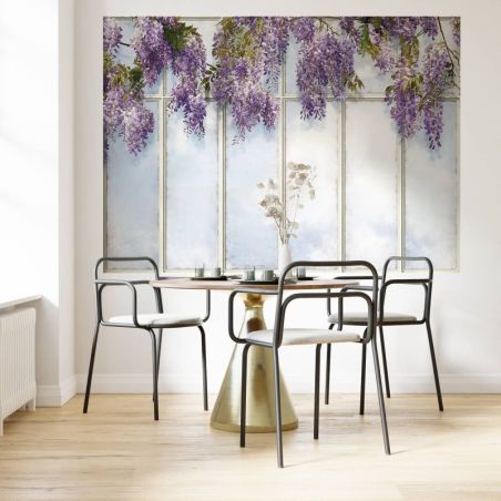 Loft windows covered of purple wisteria panoramic wallpaper - Small